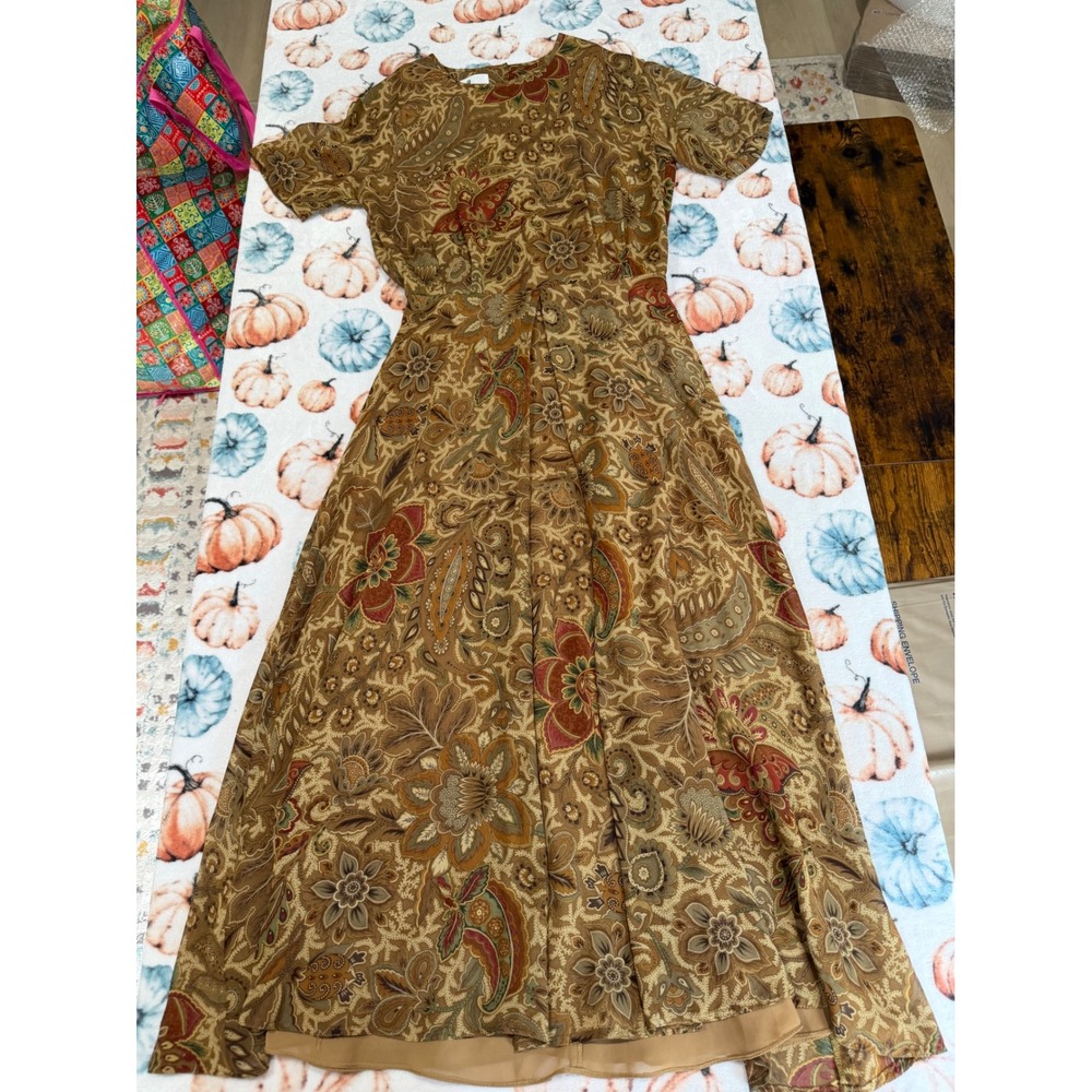 Saks Fifth Avenue Vintage Silk Paisley Midi Dress Size 4 Brown Fall Autumn